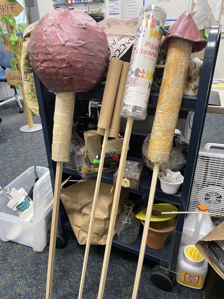 Decorative only fireworks make out of dowels and papier mache.